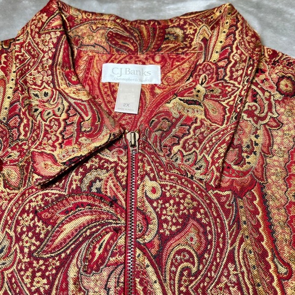 Vintage CJ Banks Womens 2X Plus Size Paisley Tapestry Vest Zip Up Red Gold Boho - Picture 6 of 13